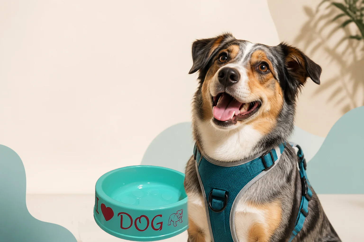 Perro feliz usando un arnés turquesa para paseo