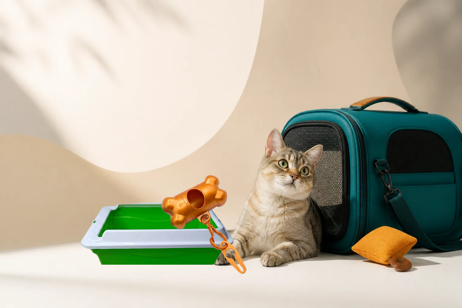 Gato junto a una transportadora turquesa