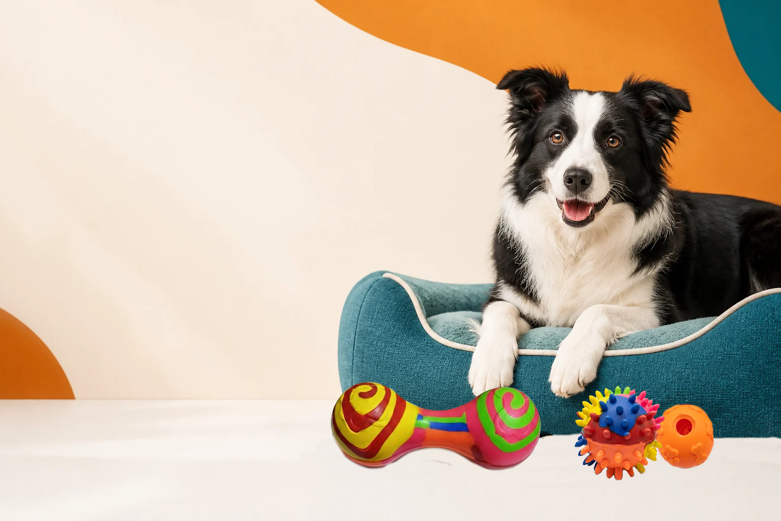 Perro descansando en una cama junto a accesorios de cuidado y juego